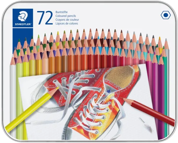Crayons de couleur dans une boîte métallique hexagonale, 72 couleurs différentes